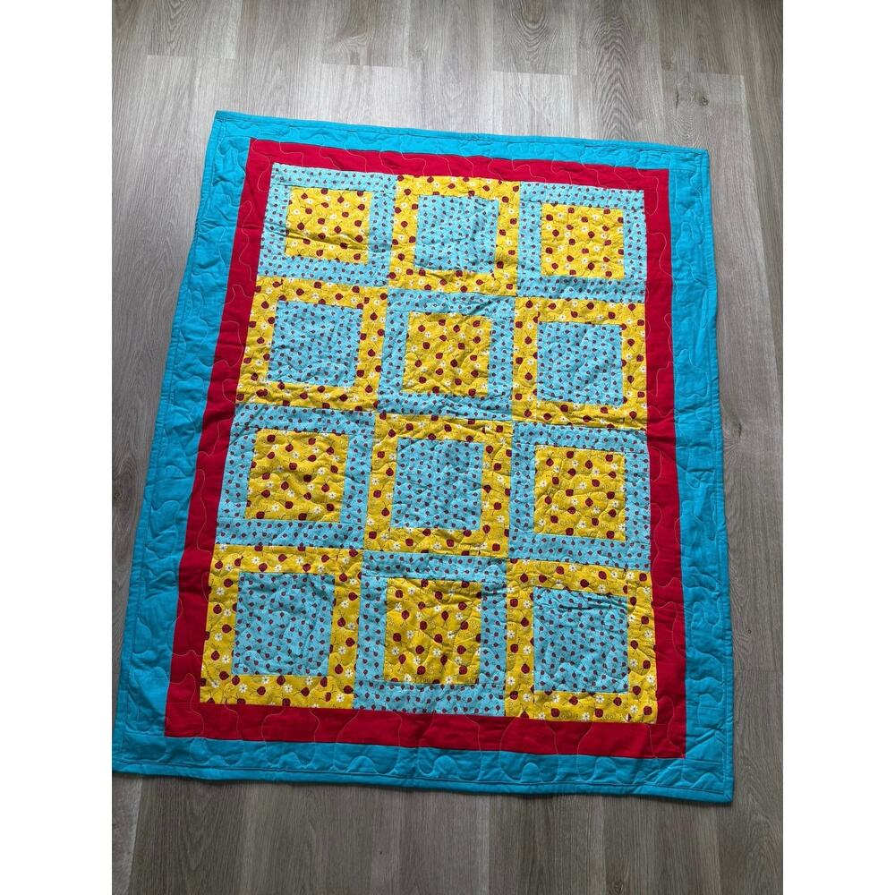 Handmade Quilt, ladybug daisy, Blue yellow red, child, baby, blanket